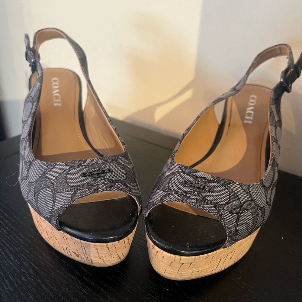 Coach Ferry signature C Jacquard calf black smoke black wedge cork peep toe